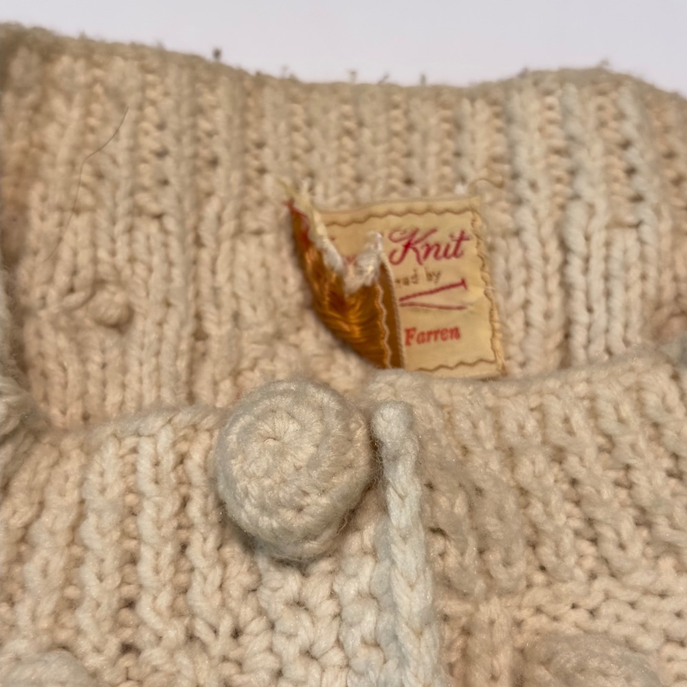 Theresa Farren Hand Knit Wool Aran Cardigan Cream Cable Bobble Fisherman Sweater - Picture 9 of 11